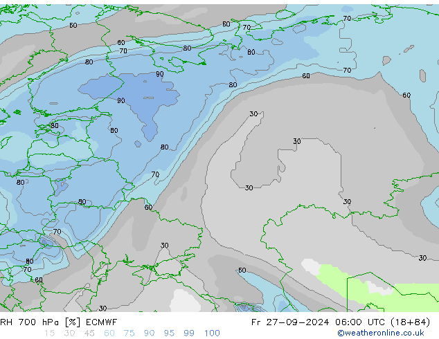 RH 700 hPa ECMWF Sex 27.09.2024 06 UTC