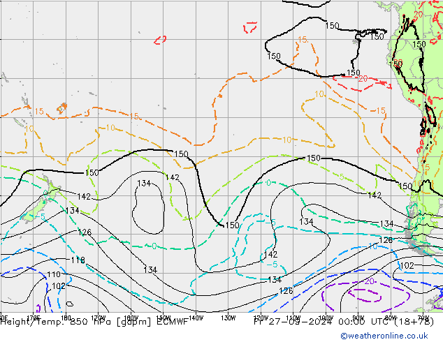 Geop./Temp. 850 hPa ECMWF vie 27.09.2024 00 UTC