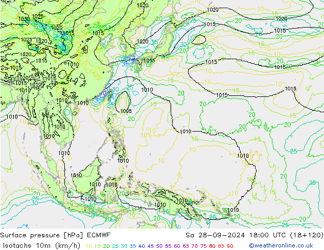 Isotachs (kph) ECMWF Sa 28.09.2024 18 UTC