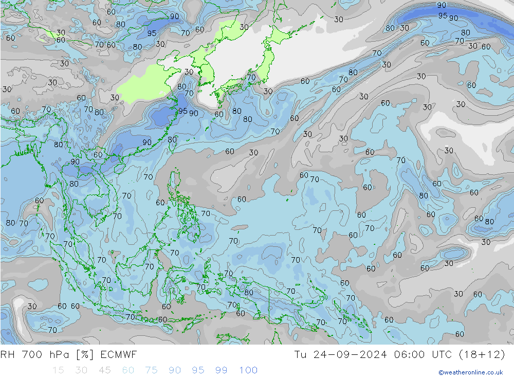 RH 700 гПа ECMWF вт 24.09.2024 06 UTC