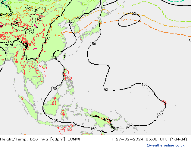 Geop./Temp. 850 hPa ECMWF vie 27.09.2024 06 UTC