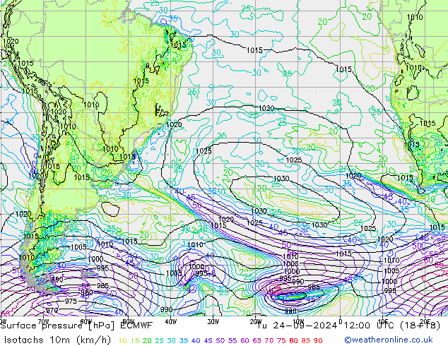 Eşrüzgar Hızları (km/sa) ECMWF Sa 24.09.2024 12 UTC