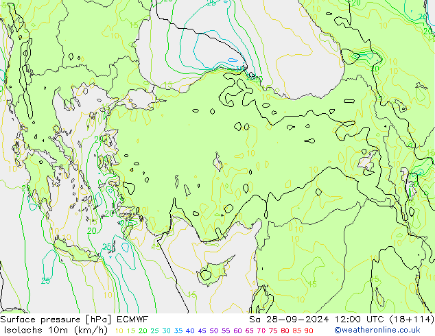 Izotacha (km/godz) ECMWF so. 28.09.2024 12 UTC