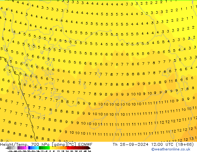 Height/Temp. 700 hPa ECMWF gio 26.09.2024 12 UTC