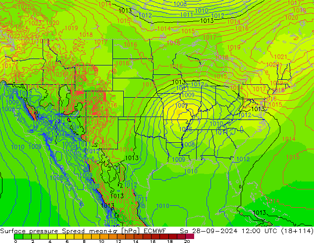 Atmosférický tlak Spread ECMWF So 28.09.2024 12 UTC