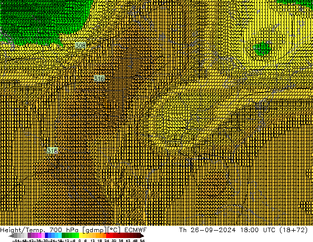 Height/Temp. 700 гПа ECMWF чт 26.09.2024 18 UTC