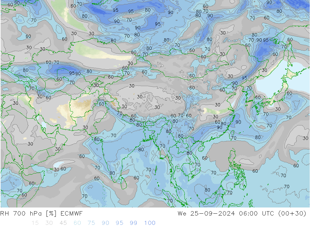 RH 700 hPa ECMWF We 25.09.2024 06 UTC