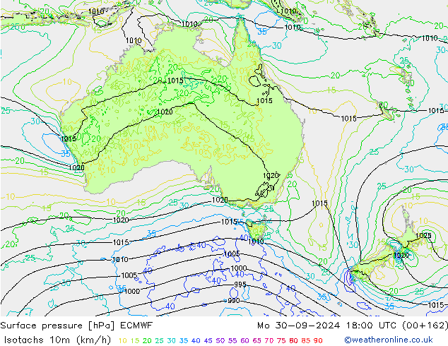 Isotachs (kph) ECMWF пн 30.09.2024 18 UTC