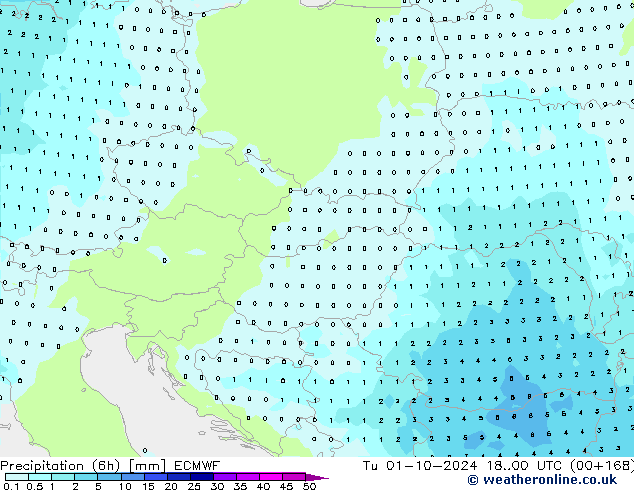 Totale neerslag (6h) ECMWF di 01.10.2024 00 UTC