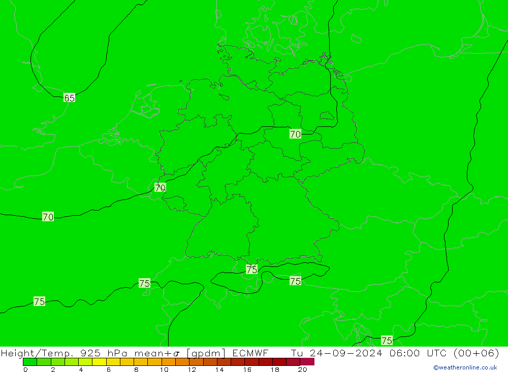 Height/Temp. 925 hPa ECMWF Tu 24.09.2024 06 UTC