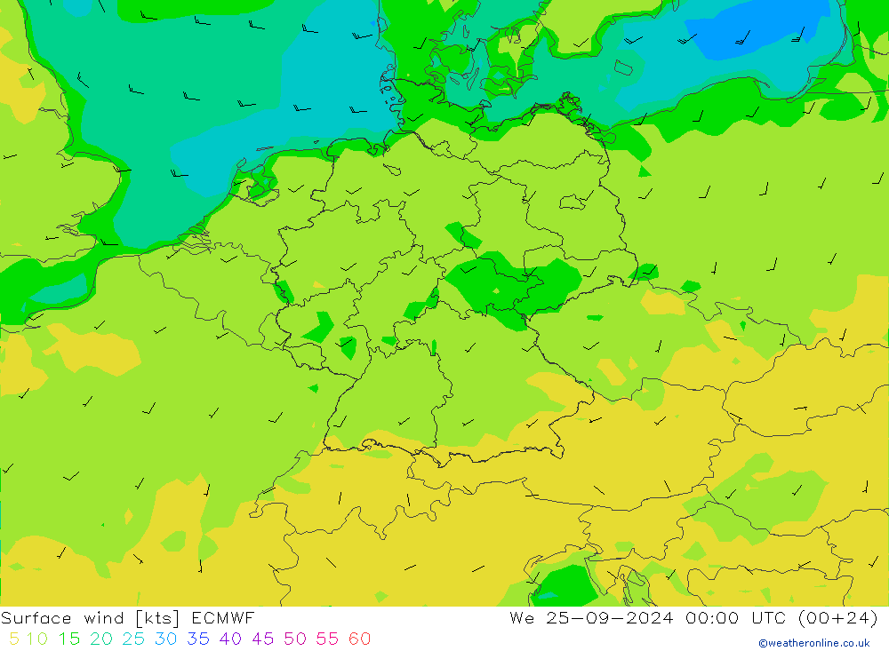 ветер 10 m ECMWF ср 25.09.2024 00 UTC