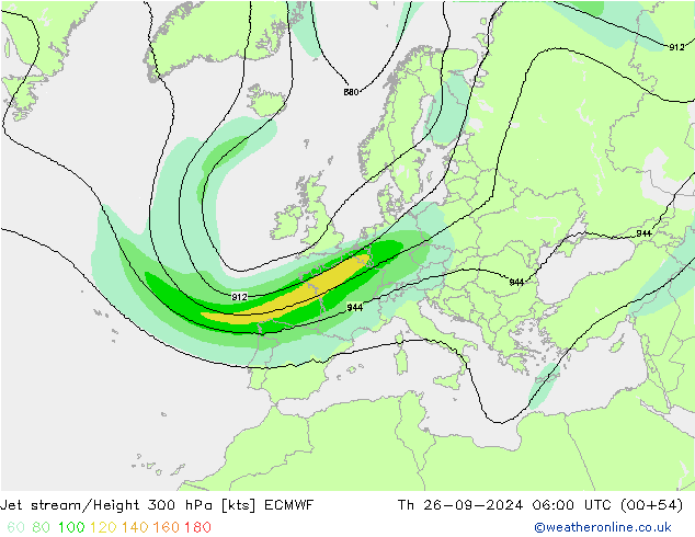 Jet stream/Height 300 hPa ECMWF Čt 26.09.2024 06 UTC