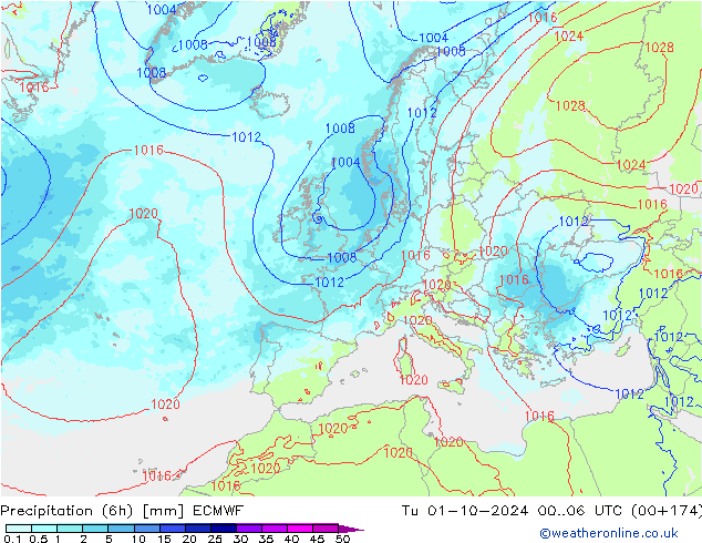 Totale neerslag (6h) ECMWF di 01.10.2024 06 UTC