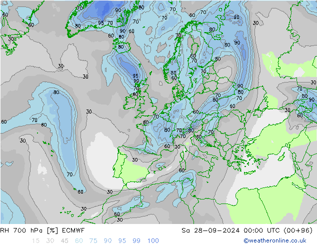 RH 700 hPa ECMWF Sa 28.09.2024 00 UTC