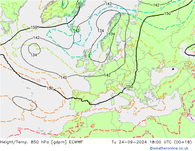 Height/Temp. 850 hPa ECMWF Tu 24.09.2024 18 UTC