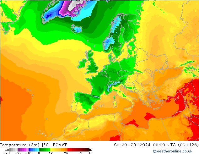 Temperatuurkaart (2m) ECMWF zo 29.09.2024 06 UTC