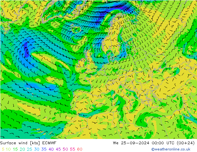 wiatr 10 m ECMWF śro. 25.09.2024 00 UTC