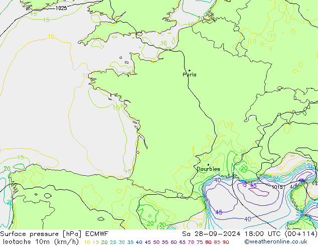 Isotachs (kph) ECMWF Sa 28.09.2024 18 UTC