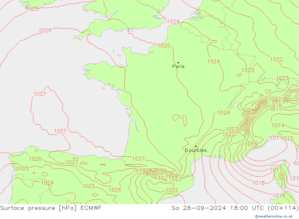 Presión superficial ECMWF sáb 28.09.2024 18 UTC