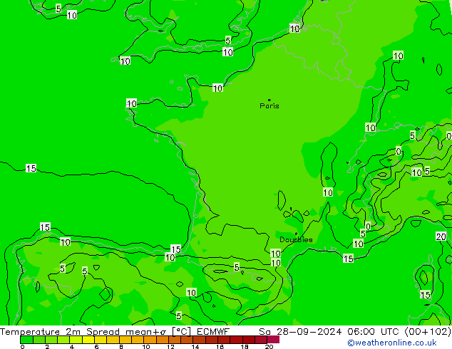 Temperaturkarte Spread ECMWF Sa 28.09.2024 06 UTC