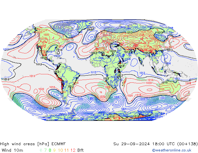 High wind areas ECMWF Вс 29.09.2024 18 UTC