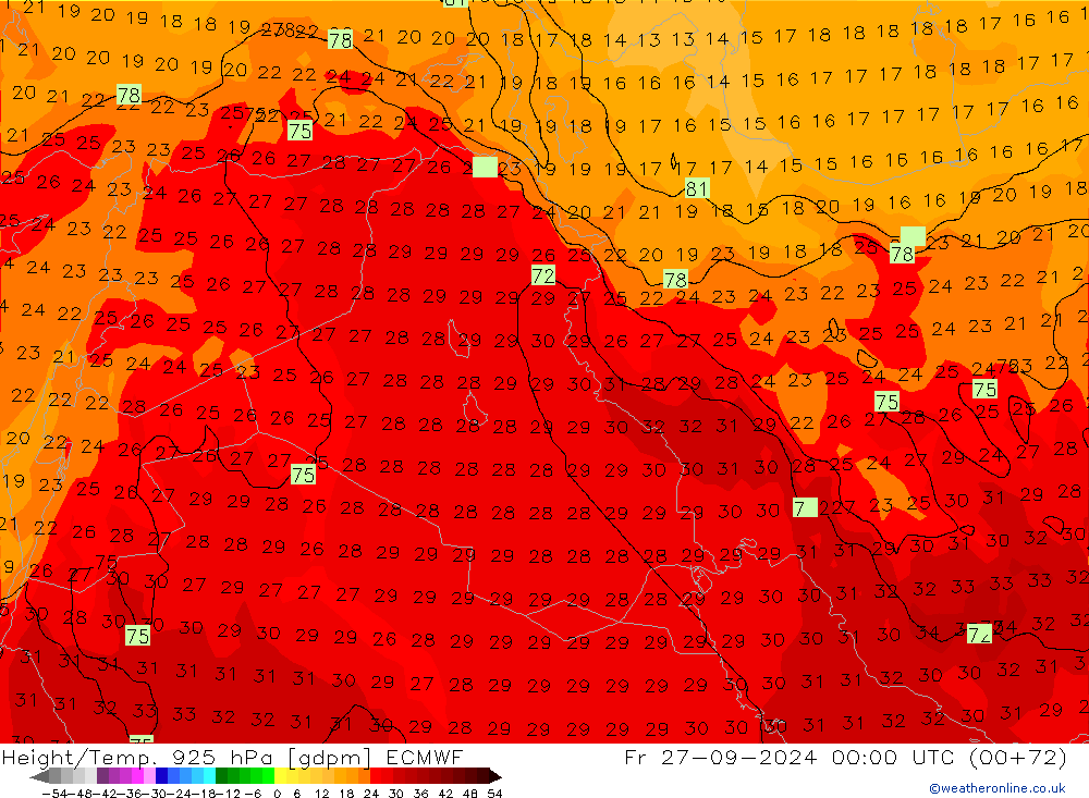 Hoogte/Temp. 925 hPa ECMWF vr 27.09.2024 00 UTC