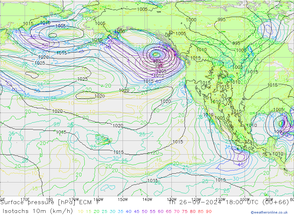 Isotachs (kph) ECMWF Čt 26.09.2024 18 UTC