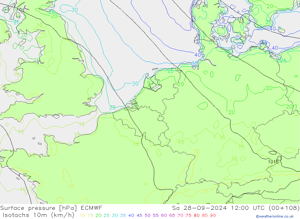 Isotachs (kph) ECMWF Sáb 28.09.2024 12 UTC