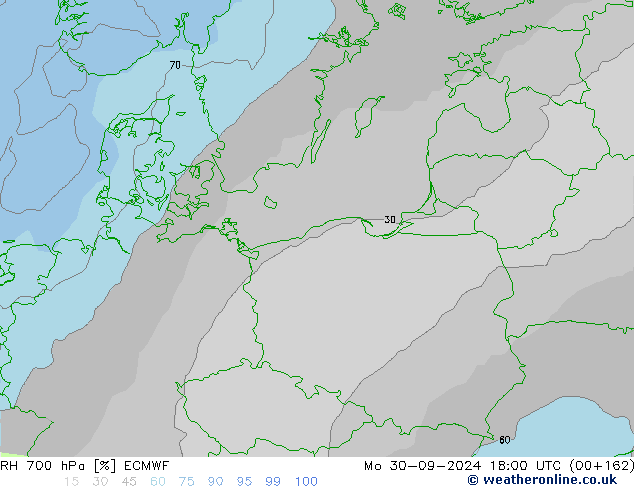 RH 700 hPa ECMWF Mo 30.09.2024 18 UTC