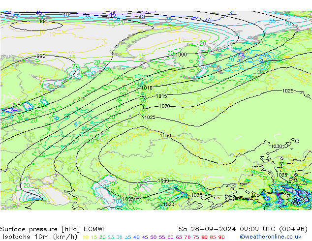 Izotacha (km/godz) ECMWF so. 28.09.2024 00 UTC