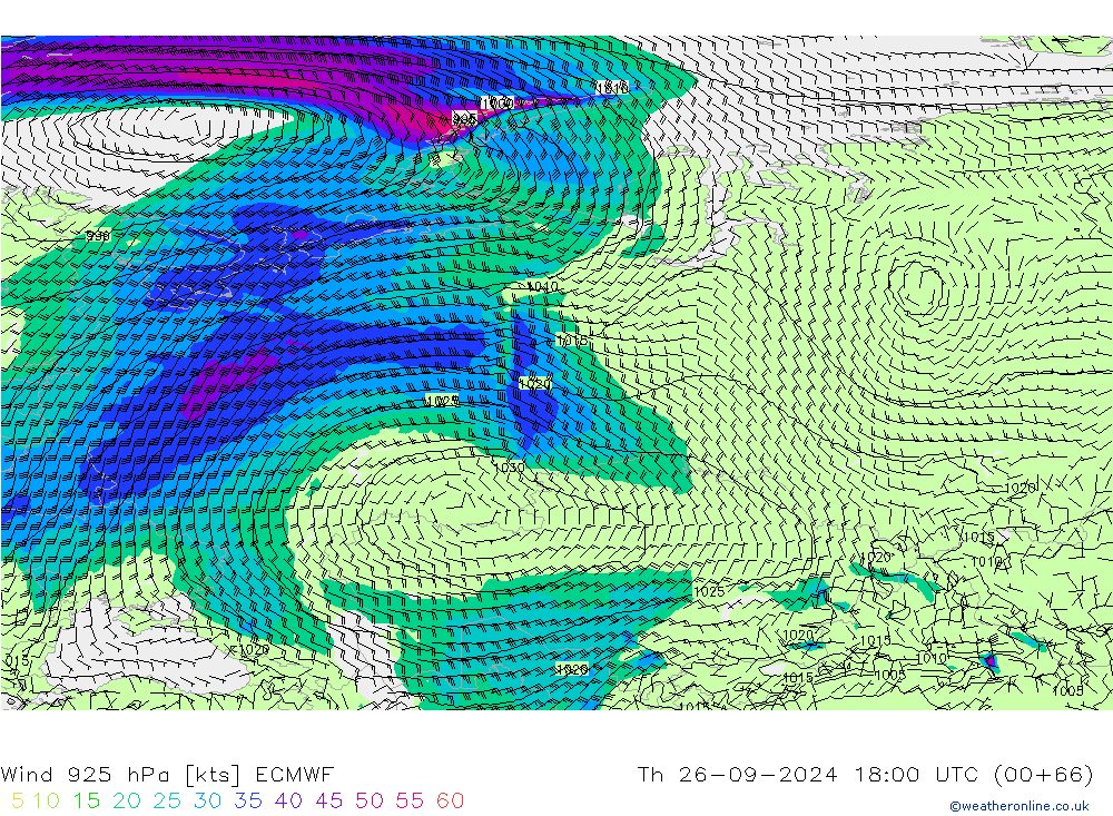 Wind 925 hPa ECMWF Th 26.09.2024 18 UTC