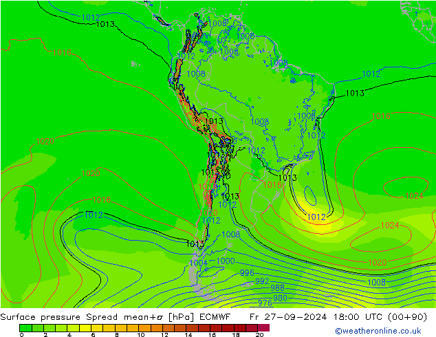 Pressione al suolo Spread ECMWF ven 27.09.2024 18 UTC