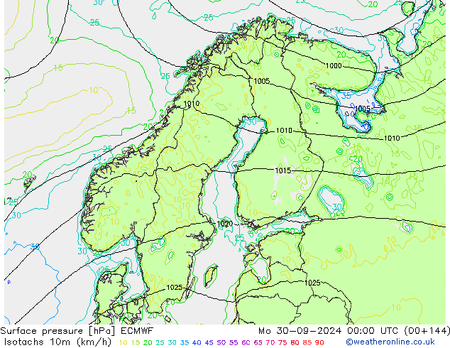 Isotachs (kph) ECMWF  30.09.2024 00 UTC