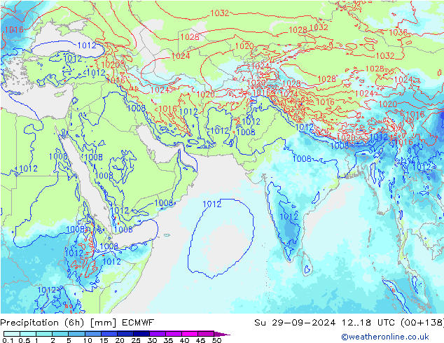 Totale neerslag (6h) ECMWF zo 29.09.2024 18 UTC