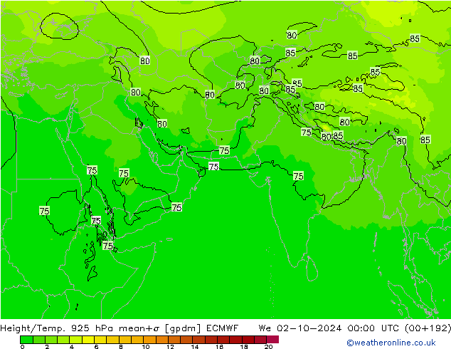 Height/Temp. 925 hPa ECMWF We 02.10.2024 00 UTC