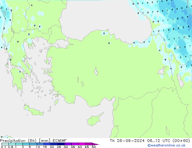 Precipitation (6h) ECMWF Čt 26.09.2024 12 UTC