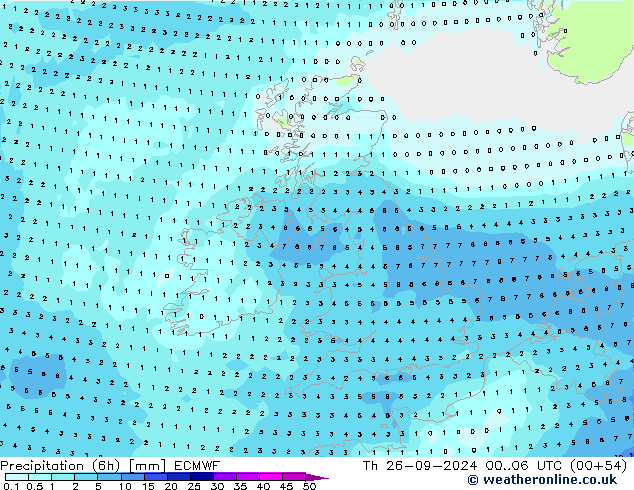 Precipitation (6h) ECMWF Th 26.09.2024 06 UTC