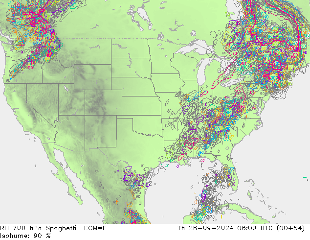 RH 700 hPa Spaghetti ECMWF gio 26.09.2024 06 UTC