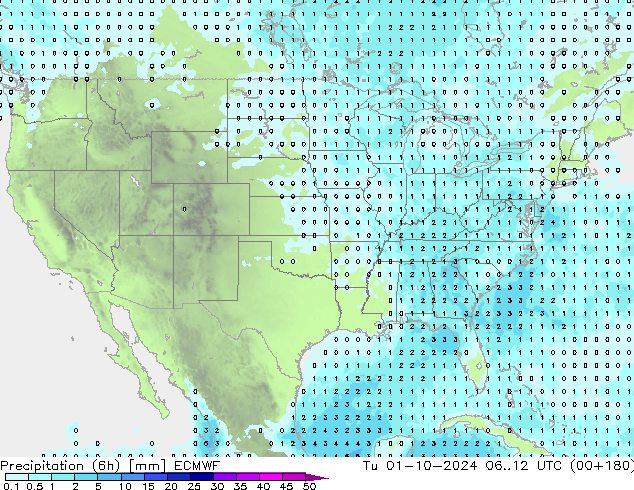 Precipitation (6h) ECMWF Tu 01.10.2024 12 UTC