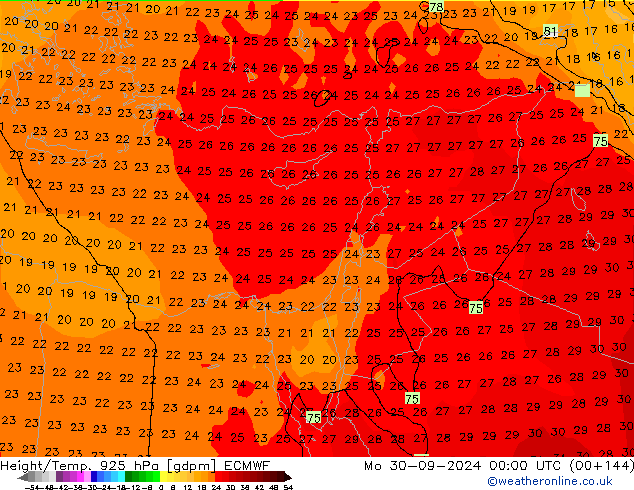 Height/Temp. 925 hPa ECMWF pon. 30.09.2024 00 UTC