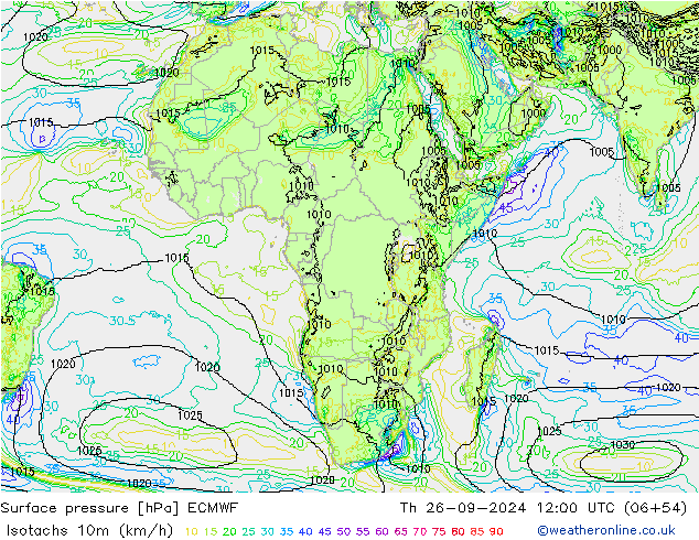 Isotachs (kph) ECMWF Th 26.09.2024 12 UTC