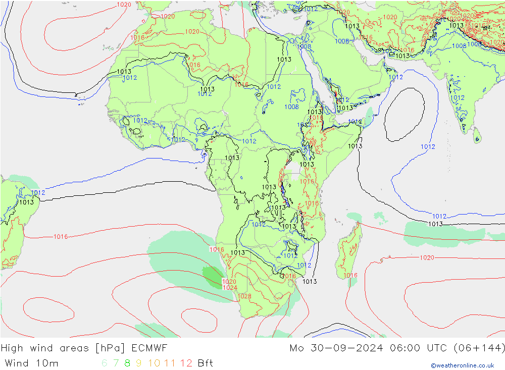 High wind areas ECMWF пн 30.09.2024 06 UTC