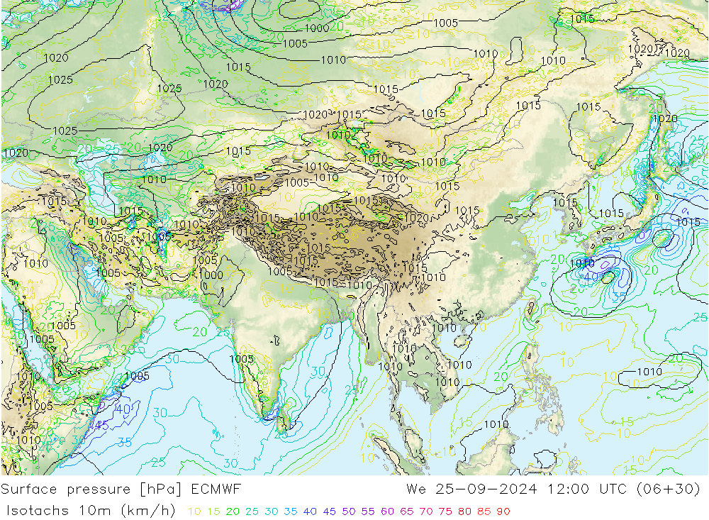 Isotachs (kph) ECMWF Qua 25.09.2024 12 UTC