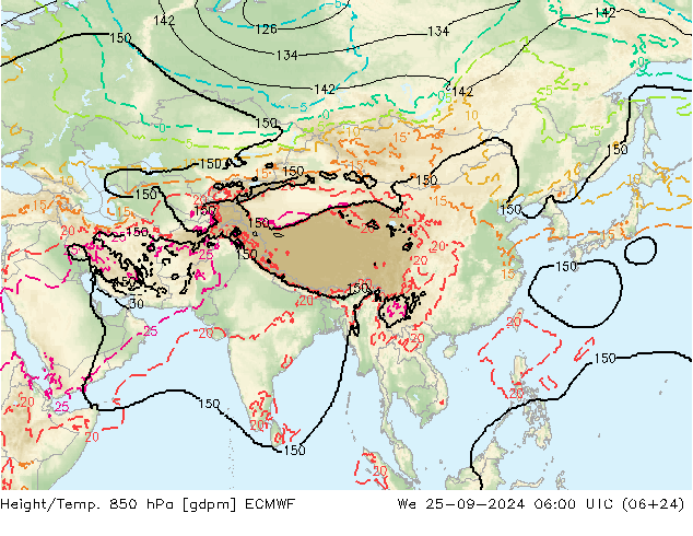 Geop./Temp. 850 hPa ECMWF mié 25.09.2024 06 UTC