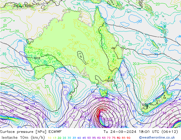 Isotachen (km/h) ECMWF Di 24.09.2024 18 UTC