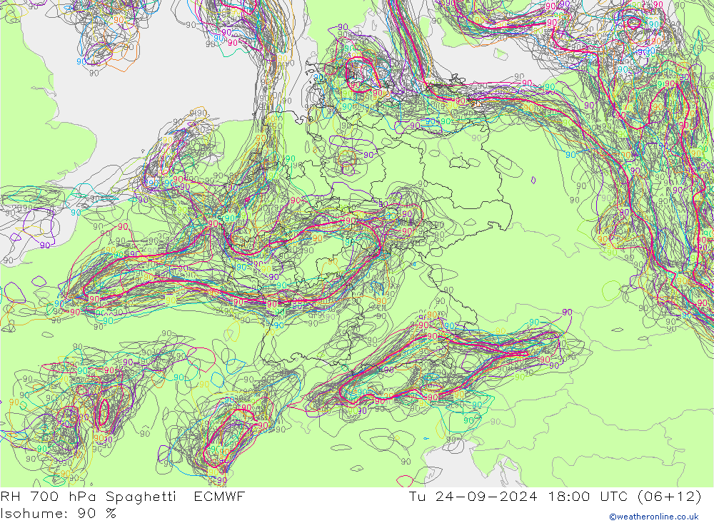 RH 700 hPa Spaghetti ECMWF Di 24.09.2024 18 UTC