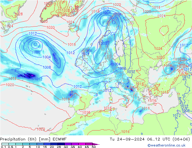 Precipitazione (6h) ECMWF mar 24.09.2024 12 UTC