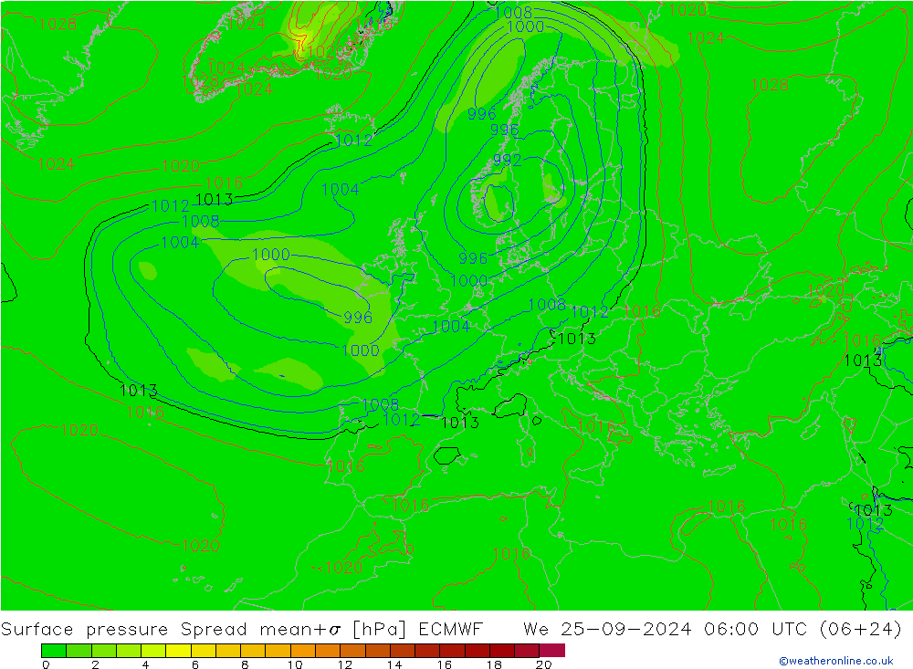 Surface pressure Spread ECMWF We 25.09.2024 06 UTC