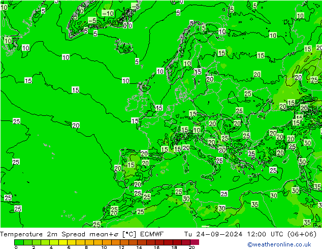 Temperatuurkaart Spread ECMWF di 24.09.2024 12 UTC