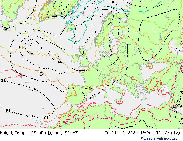 Height/Temp. 925 hPa ECMWF Tu 24.09.2024 18 UTC